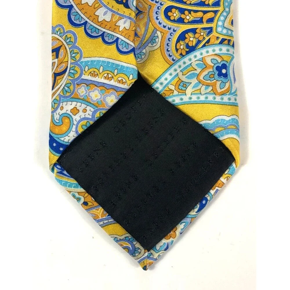 Geoffrey Beene 100% Silk Tie Yellow Blue Paisley Floral Pattern Men's Necktie